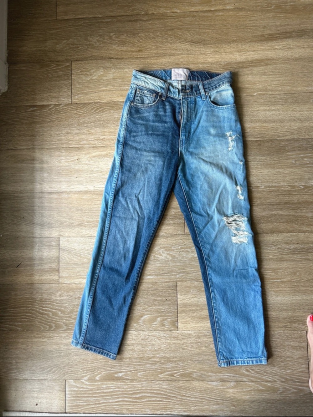 REVICE Two-Tone Distressed Ankle Jeans in Light and Dark Blue